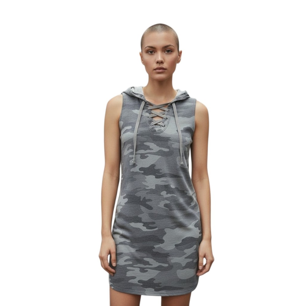 Maurices Womens S Sleeveless Lace Up Neck Gray‎ Camo Hooded French Terry Dress